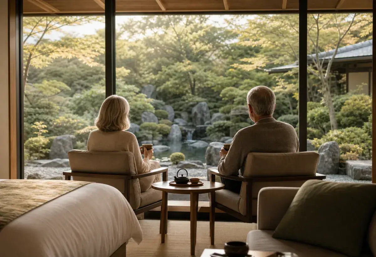 Older international couple in a refined Japanese suite
