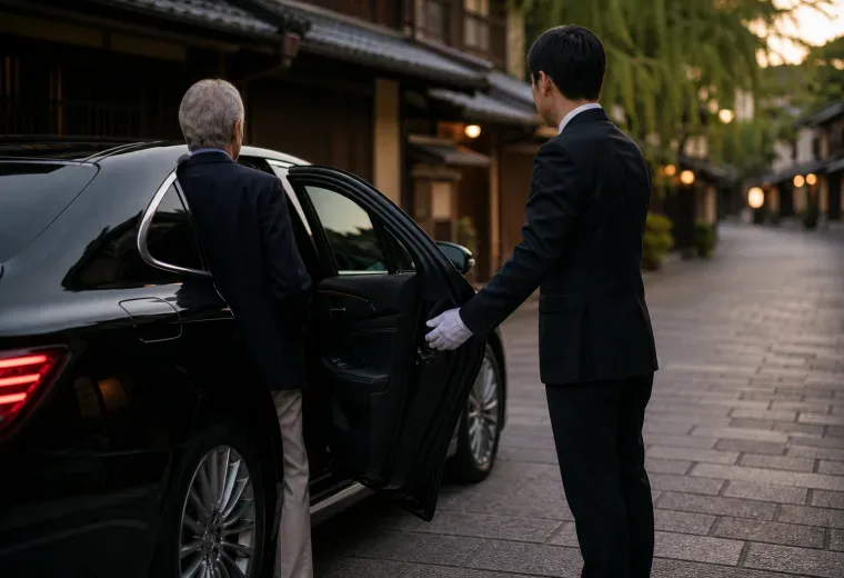 Private driver opening a premium sedan door on a quiet traditional street