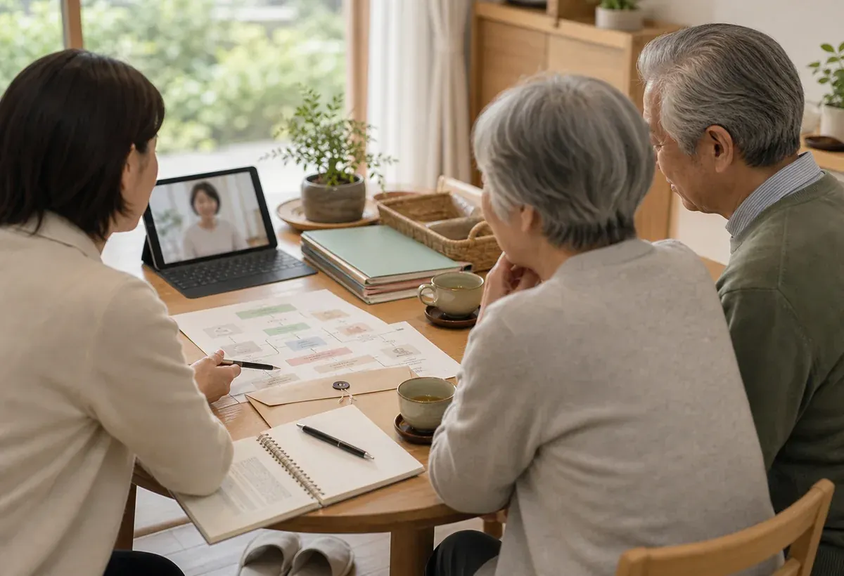 Older couple reviewing care and travel planning with a Japanese coordinator
