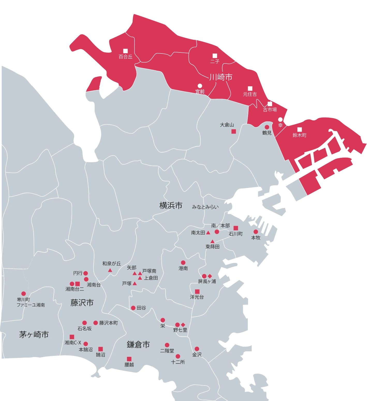 Care service area map in Kanagawa